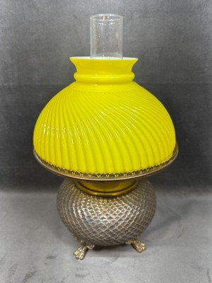 Brass Kerosene Lamp with Yellow Swirl Shade - 8