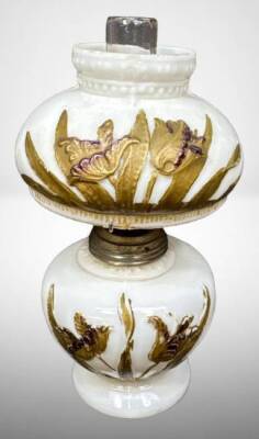 Miniature Milk Glass Lamp with Floral Design