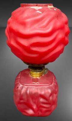 Red Satin Glass Miniature Lamp With Drape Design
