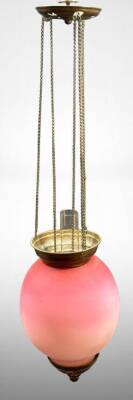 Hanging Pink Glass Oil Lamp with Brass Details