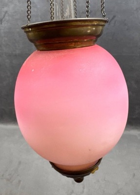 Hanging Pink Glass Oil Lamp with Brass Details - 3