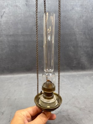 Hanging Pink Glass Oil Lamp with Brass Details - 8