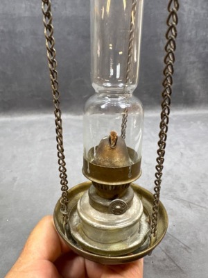 Hanging Pink Glass Oil Lamp with Brass Details - 9
