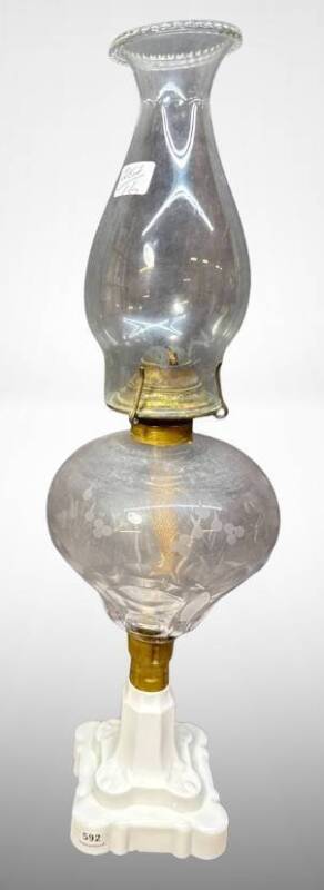 Milk Glass Oil Lamp with Etched Glass Globe