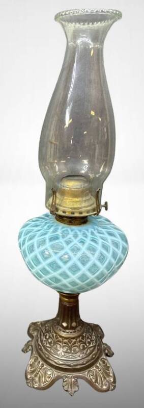 Blue Opalescent Oil Lamp With Metal Base
