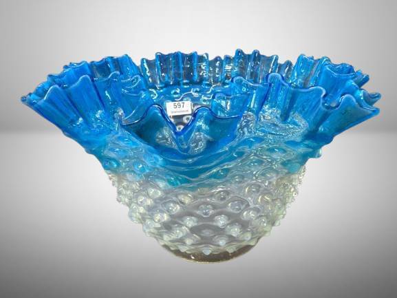 Hobnail Glass Lamp Shade with Blue Ruffled Edge