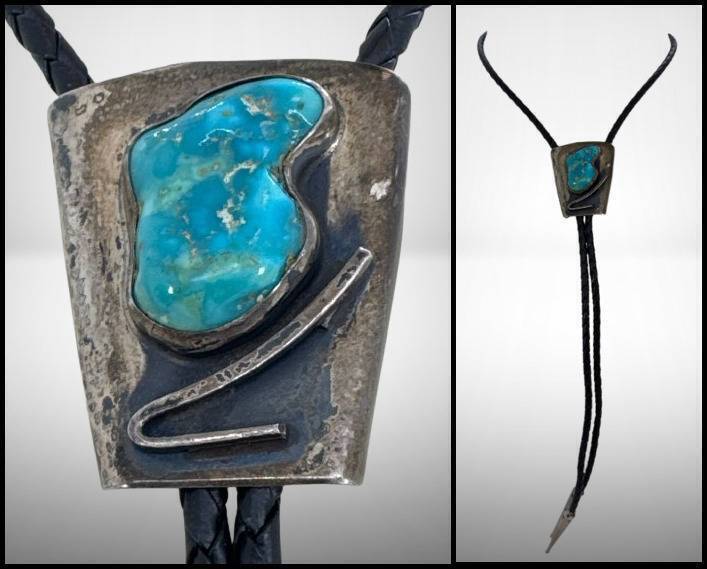 Turquoise and Silver Bolo Tie with Braided Cord