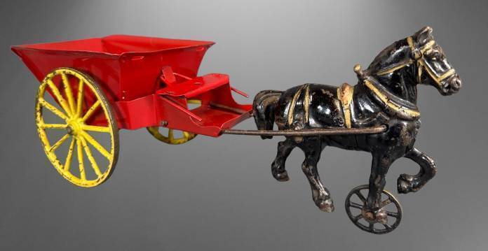 Cast Iron Horse and Cart Toy with Yellow Wheels