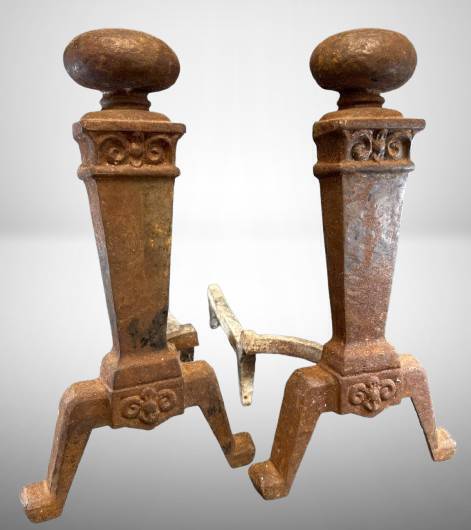Cast Iron Andirons with Decorative Motifs