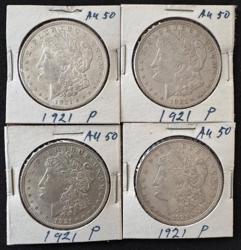 (4) 1921 Morgan Silver Dollars Graded AU 50