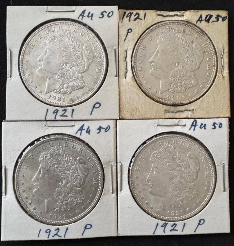 (4) 1921 Morgan Silver Dollars AU50