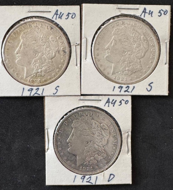 (3) 1921 Morgan Dollars AU50&Acirc;