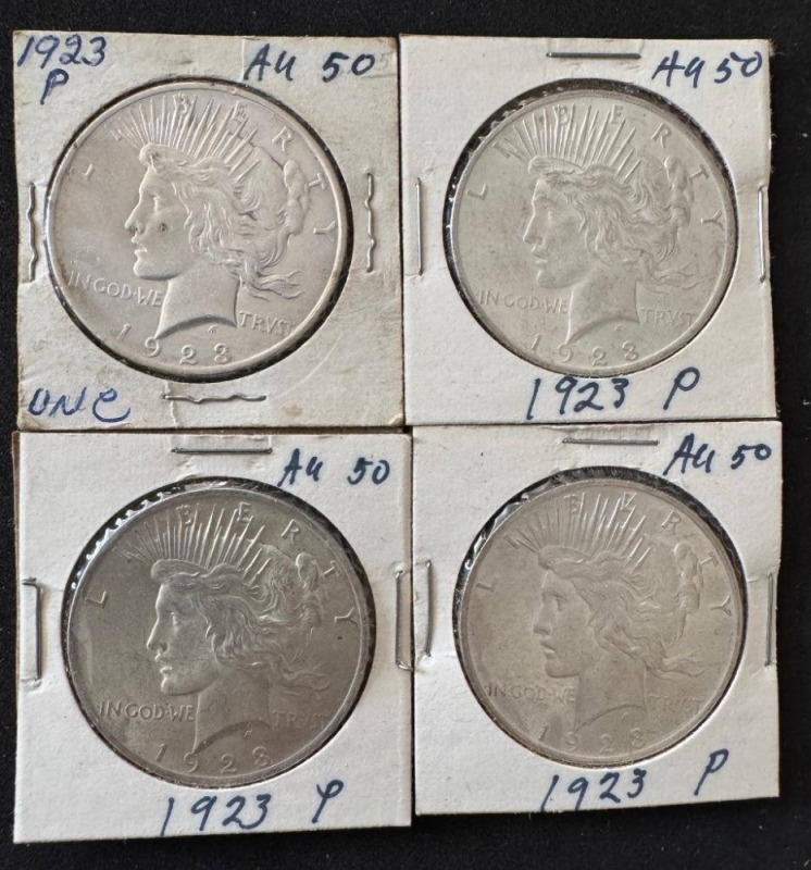 (4) 1923 Peace Silver Dollars AU50
