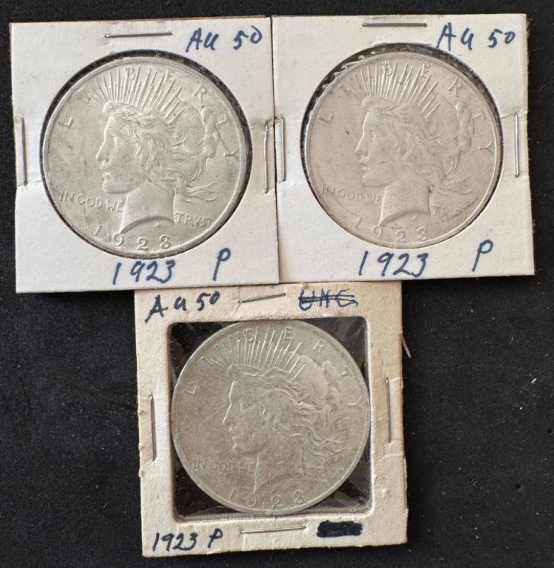 (3) 1923 Peace Silver Dollars AU50