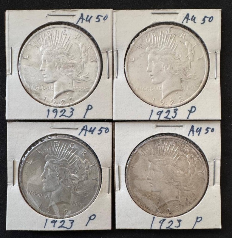 (4) 1923-P Peace Silver Dollars AU50