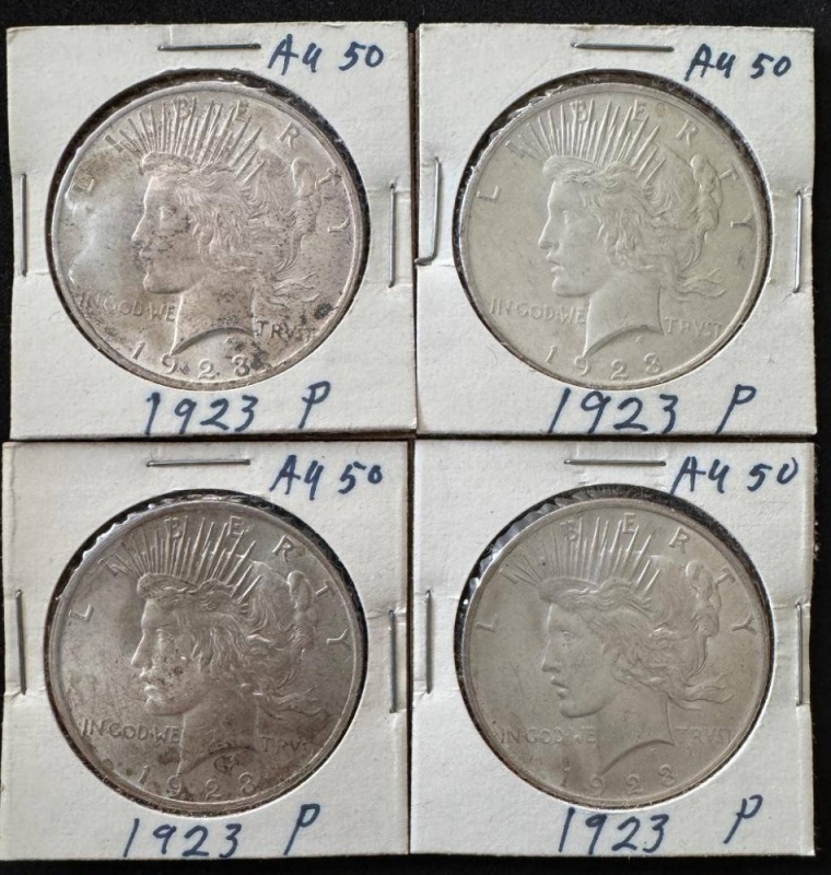 (4) 1923 Peace Silver Dollars AU50