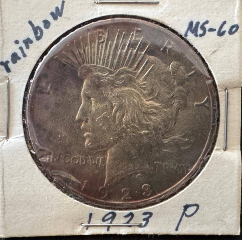 1923 Peace Dollar, MS-60, Rainbow Toning