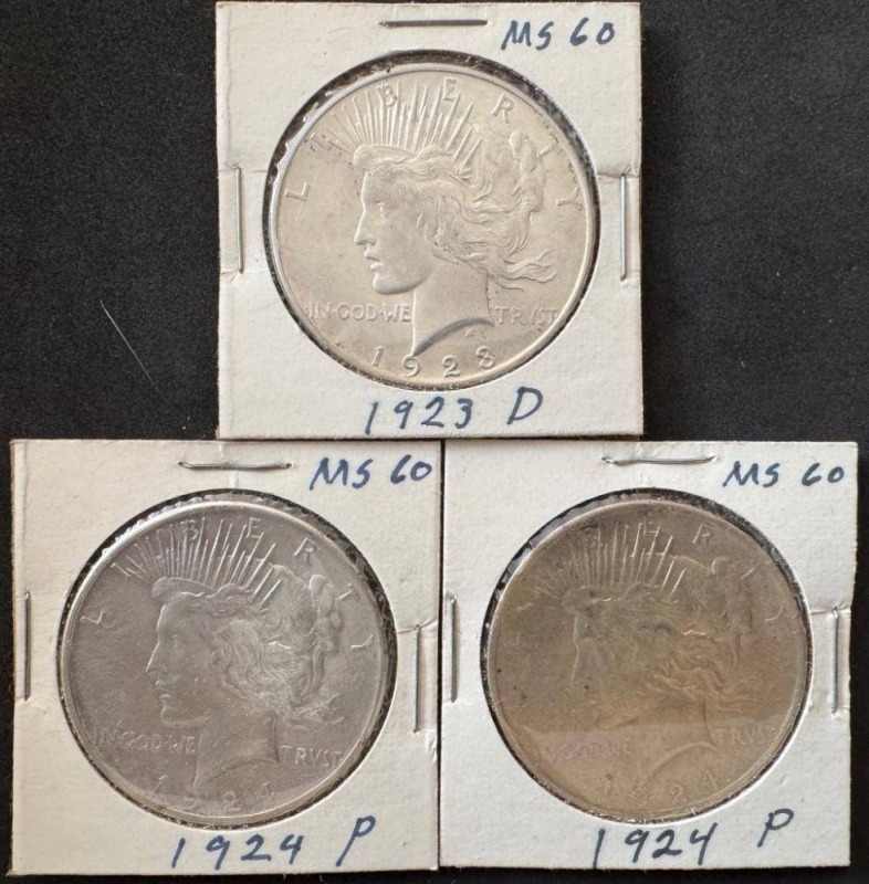 (3) MS60 Peace Silver Dollars (1923 D, 1924 P)