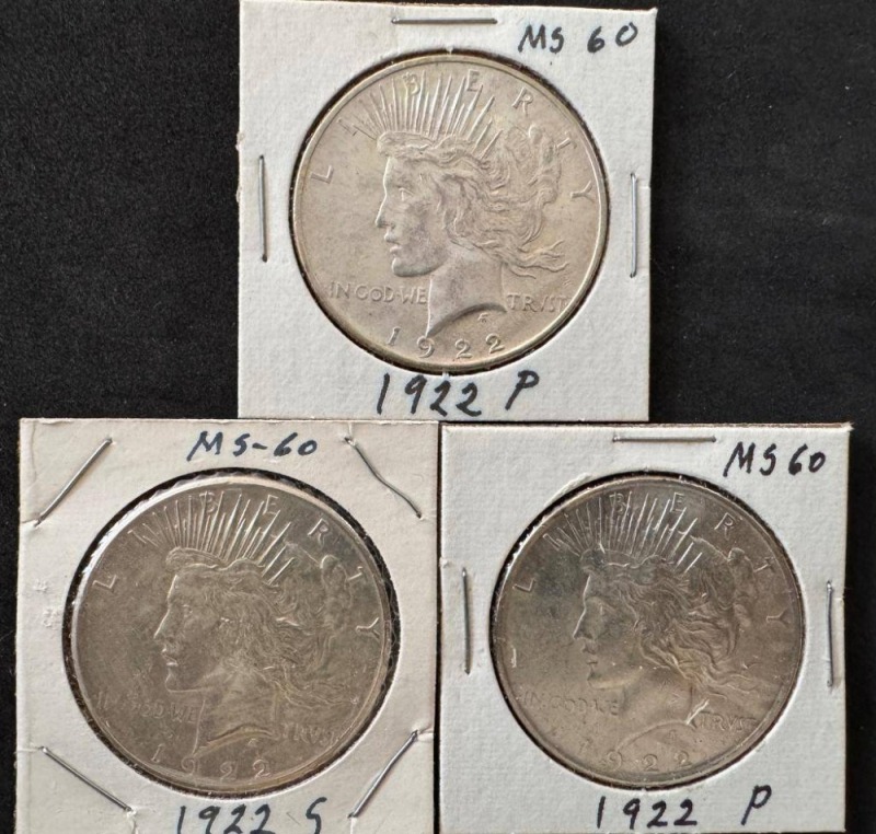 (3) 1922 Peace Dollars MS-60&Acirc;