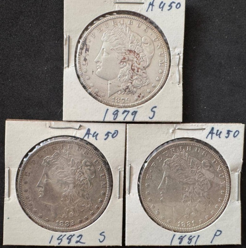 (3) Morgan Silver Dollars (1879-S, 1881-P, 1882-S) AU50