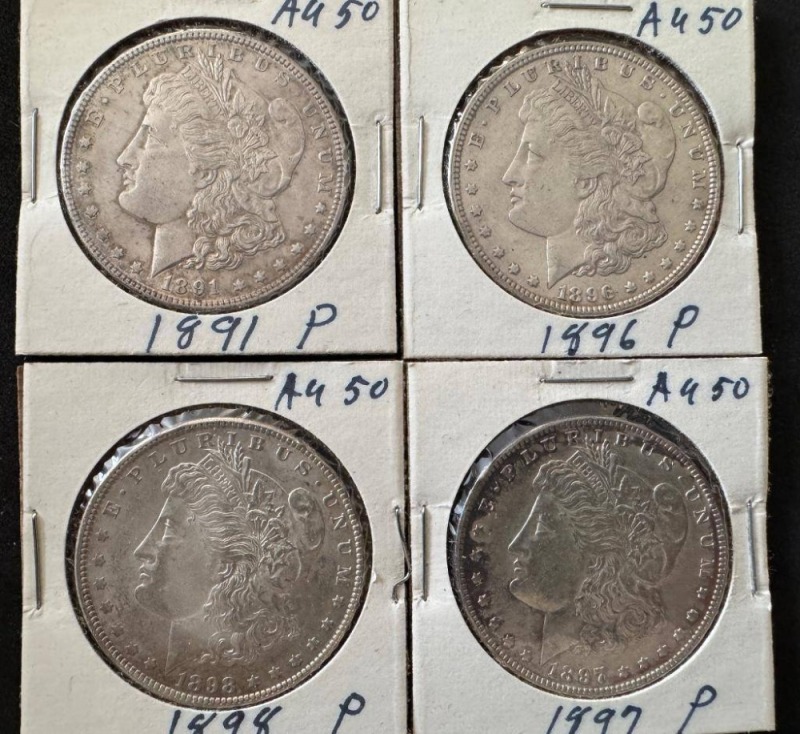 (4) Morgan Silver Dollars, AU-50
