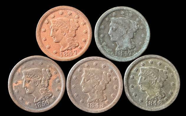5 Large Cents, Dates 1847-1856
