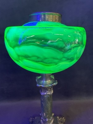 Vaseline Glass Lamp with Green and Silver Base - 3