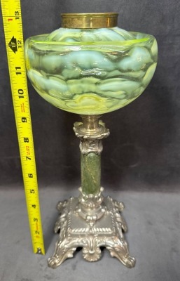 Vaseline Glass Lamp with Green and Silver Base - 6