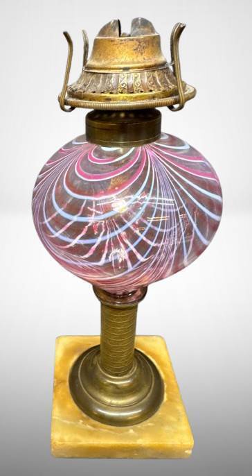 Brass Oil Lamp with Swirled Glass Base