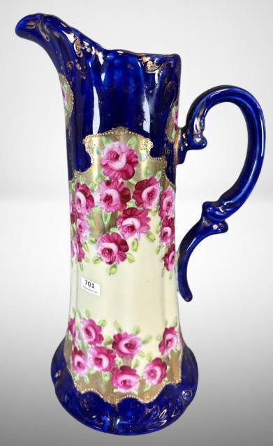 Cobalt Blue Porcelain Pitcher with Rose Motif