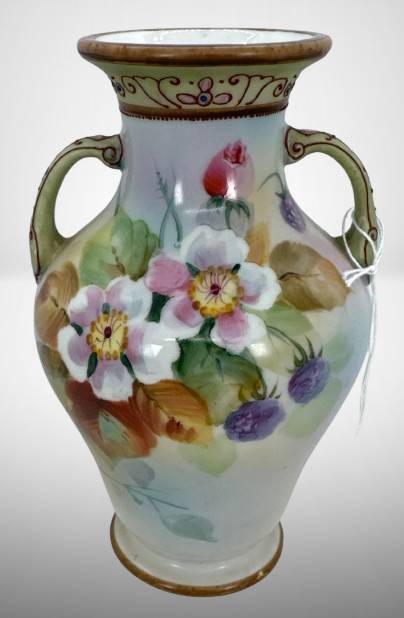 Hand-Painted Nippon Floral Double-Handled Vase