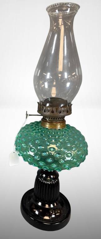 Green Hobnail Glass Oil Lamp with Black Base