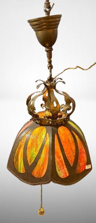 Stained Glass and Brass 6-Panel Hanging Lamp