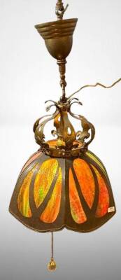 Stained Glass and Brass 6-Panel Hanging Lamp