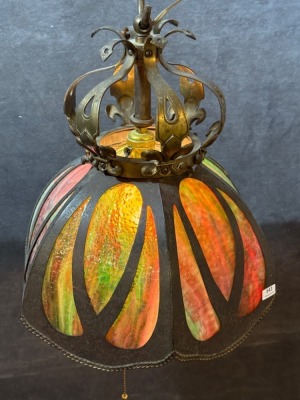Stained Glass and Brass 6-Panel Hanging Lamp - 2