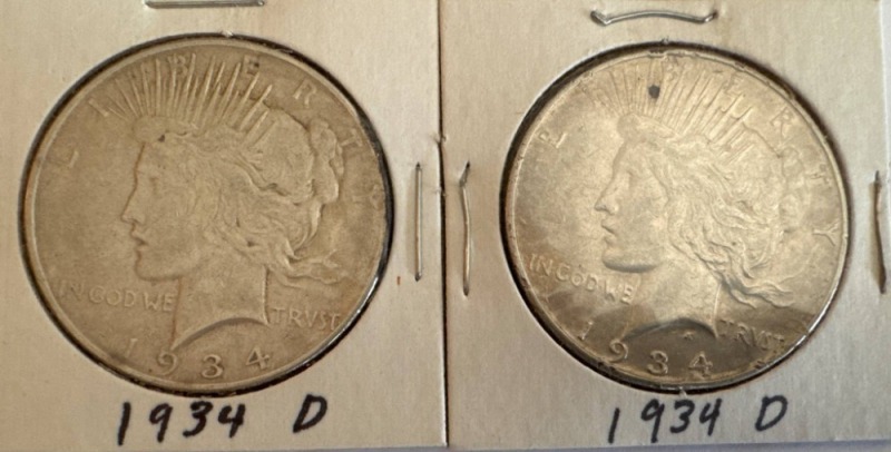(2) 1934-D Peace Silver Dollars