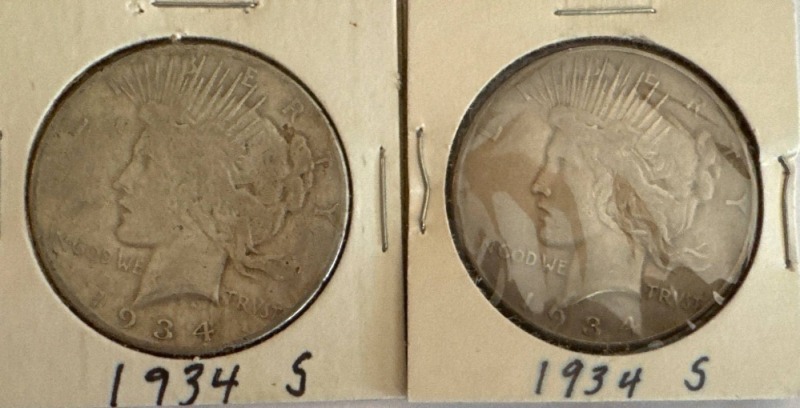 (2) 1934-S Peace Silver Dollars