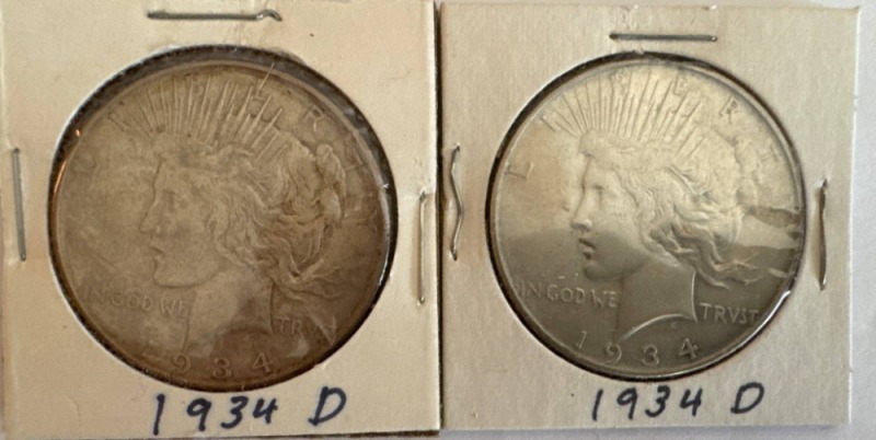 (2) 1934-D Peace Silver Dollars