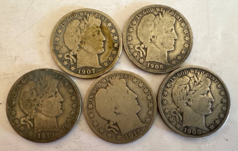 (5) Barber Half Dollars (1906-1915)