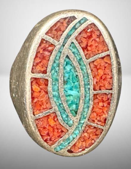 Unmarked Silver Ring With Inlaid Design