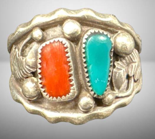 Sterling Silver Ring with Turquoise and Coral