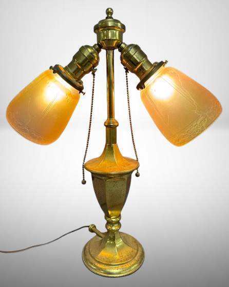 Brass Table Lamp with Frosted Floral Shades