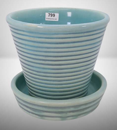 Weller Pottery Blue Ribbed Flower Pot