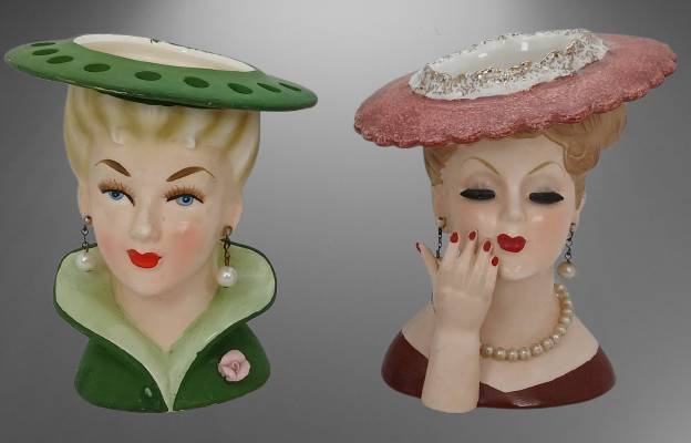(2) Mid-Century Lady Head Vases