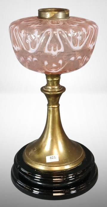 Oil Lamp with Pink Opalescent Glass Shade and Brass Base