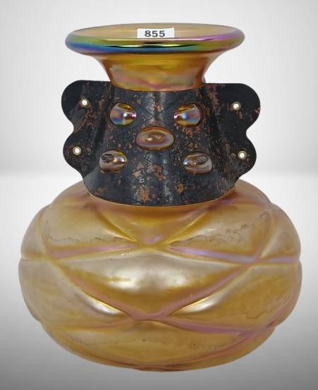 Aurene Art Glass Vase with Copper Collar
