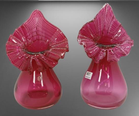 (2) Cranberry Glass Vases with Ruffled Rims