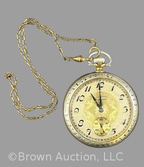Vintage silver open face Elgin pocket watch with chain (winds but does not work)4