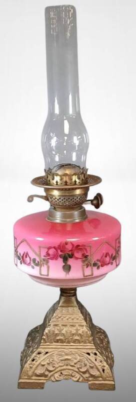 Victorian-Style Brass and Pink Glass Oil Lamp