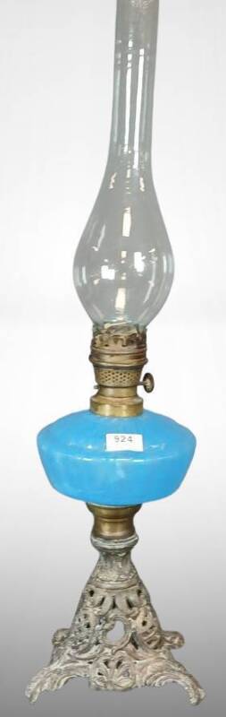 Blue Glass Miniature Oil Lamp With Metal Base